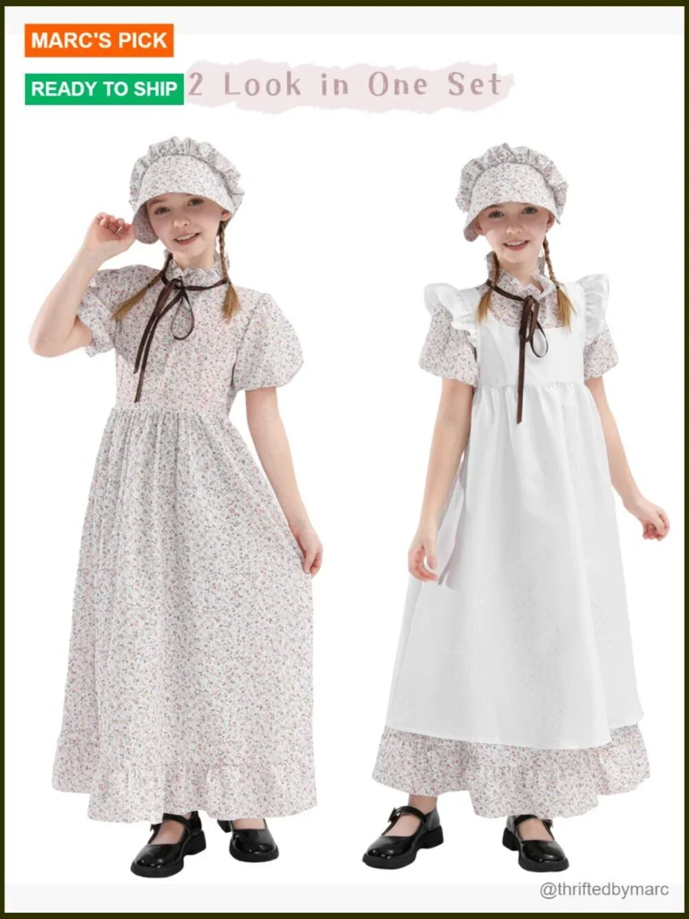 Pioneer Prairie Dress 3-Piece Set with Apron & Bonnet Long Sleeve Polyester